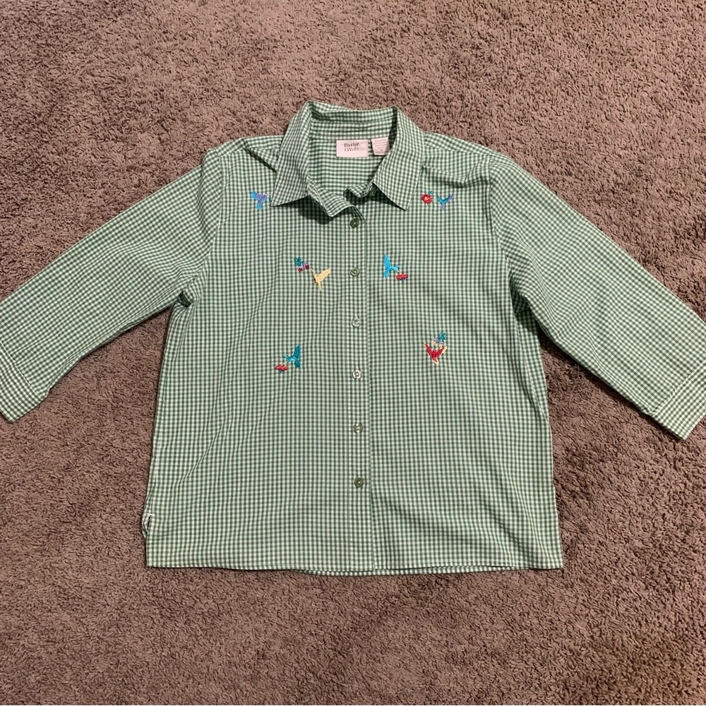 Baxter & Wells Hummingbird Green White Plaid Checkered Blouse Medium